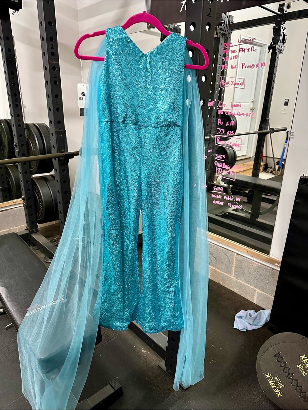 Sparkling Teal Sequin Jumpsuit with Sheer Cape